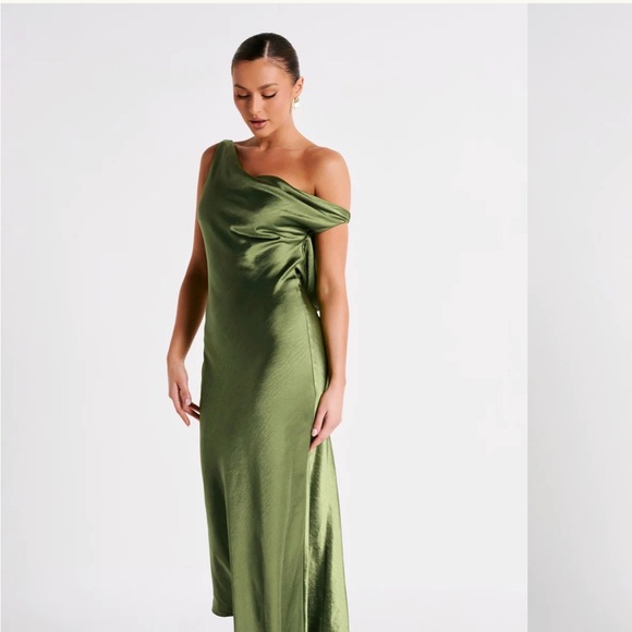 Meshki Dresses & Skirts - Meshki Olive Green Satin Cowl Maxi Dress